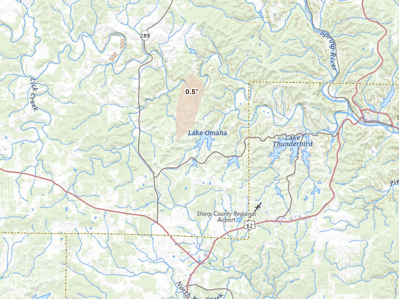 Radar-estimated hail-size map of the storm over Cherokee Village, AR on Jun 7, 2026