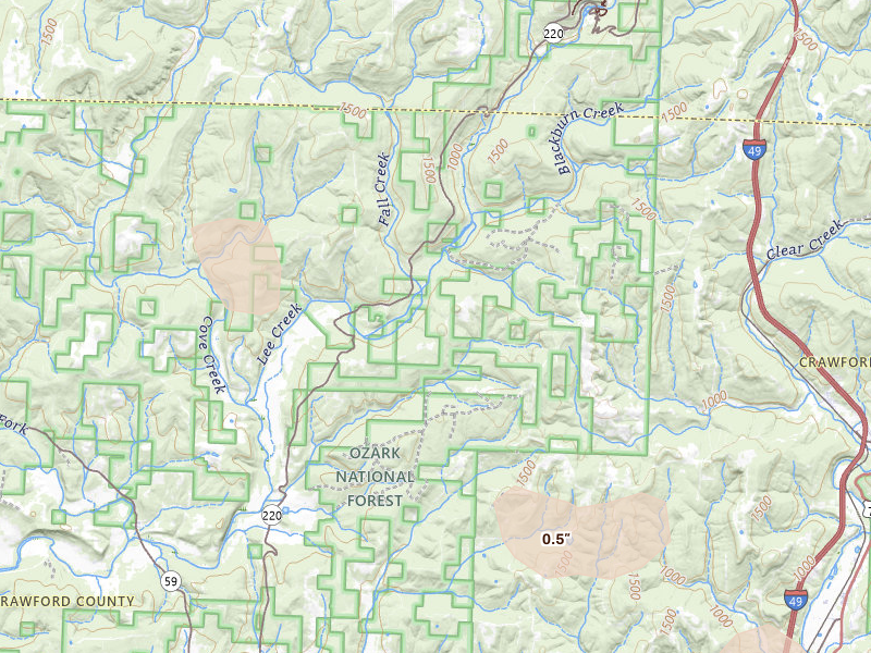 Radar-estimated hail-size map of the storm over Chester, AR on Jun 2, 2026