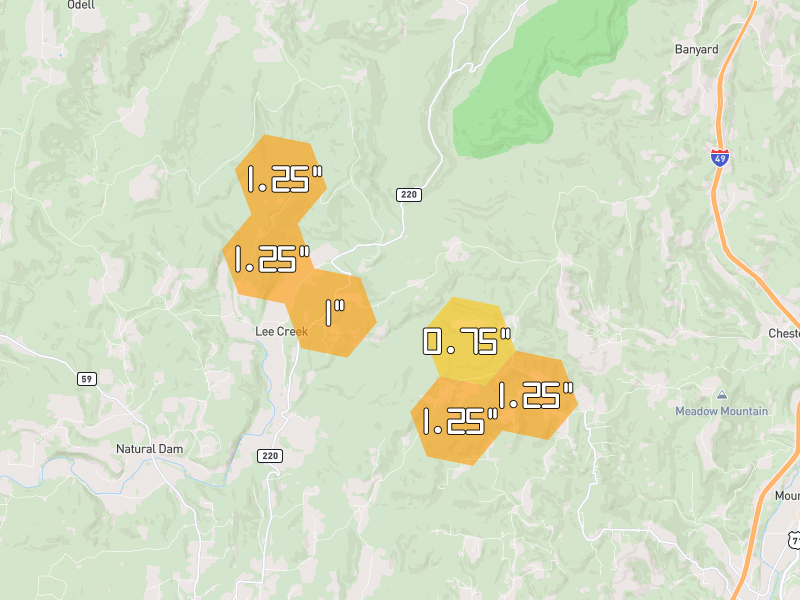 Hail map of Chester, AR on Jun 2, 2026, hail up to 1.25"