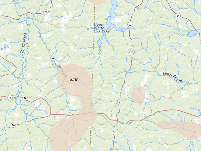 Radar-estimated hail-size map of the storm over Chidester, AR on Jul 4, 2026