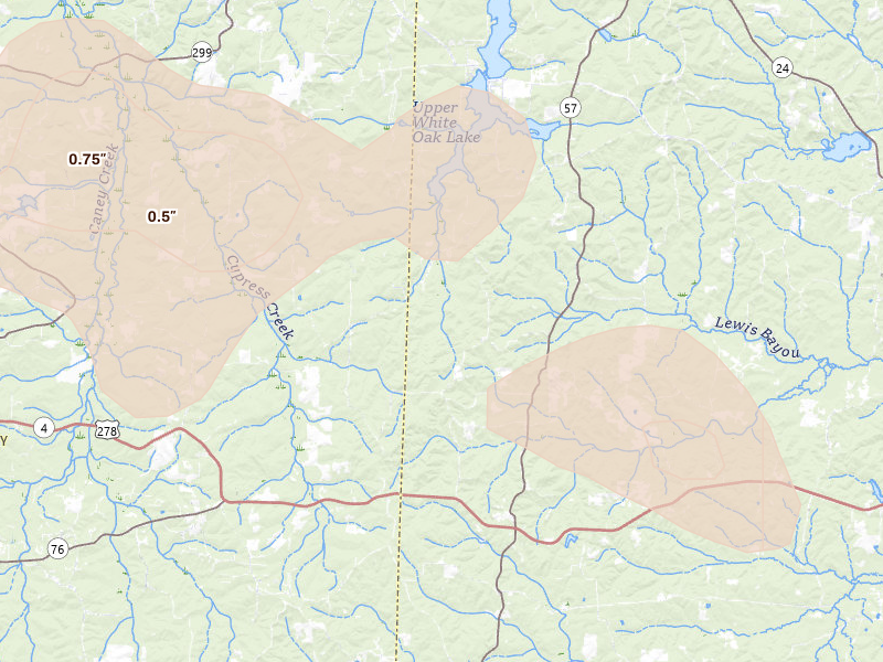 Radar-estimated hail-size map of the storm over Chidester, AR on Jul 12, 2026