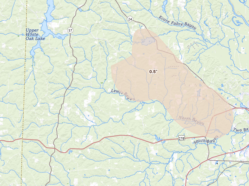 Radar-estimated hail-size map of the storm over Chidester, AR on Aug 20, 2026