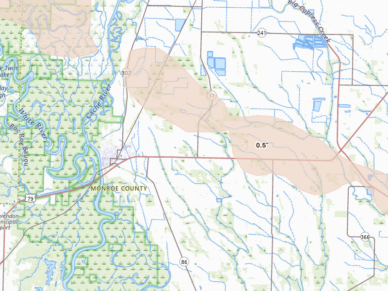 Radar-estimated hail-size map of the storm over Clarendon, AR on Feb 26, 2026