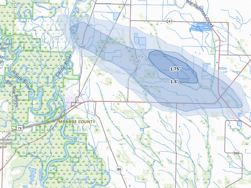 NEXRAD radar-signature map of the hail storm over Clarendon, AR on Feb 26, 2026