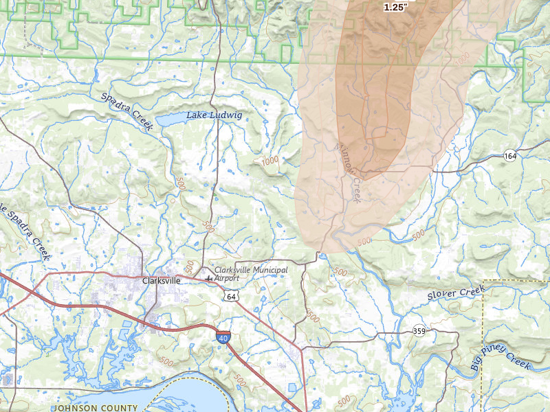 Radar-estimated hail-size map of the storm over Clarksville, AR on May 30, 2026