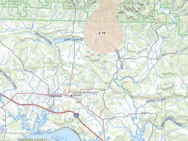Radar-estimated hail-size map of the storm over Clarksville, AR on Jun 1, 2026