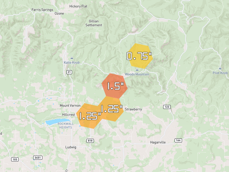 Hail map of Clarksville, AR on Jun 2, 2026, hail up to 1.5"