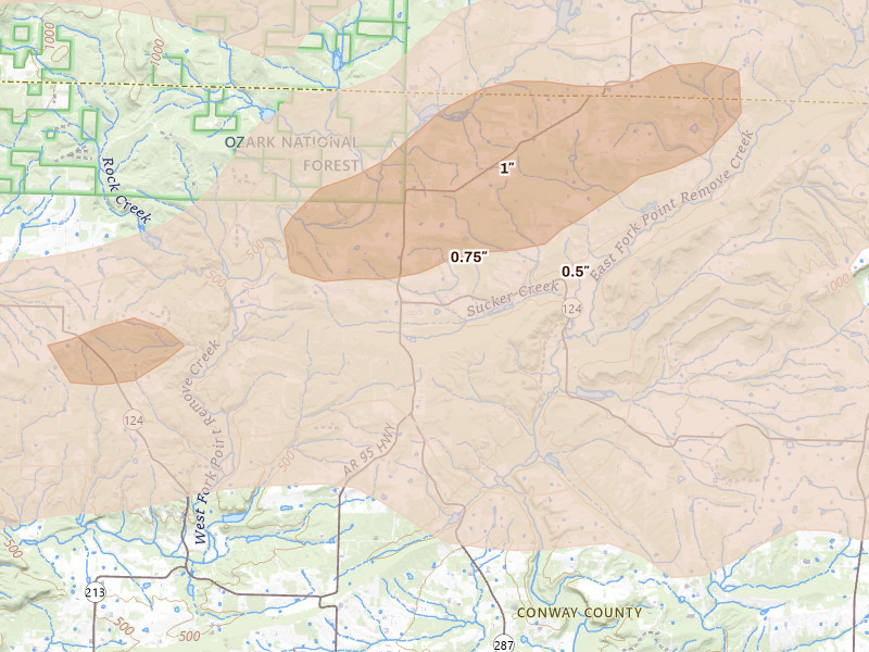 Radar-estimated hail-size map of the storm over Cleveland, AR on Apr 28, 2026
