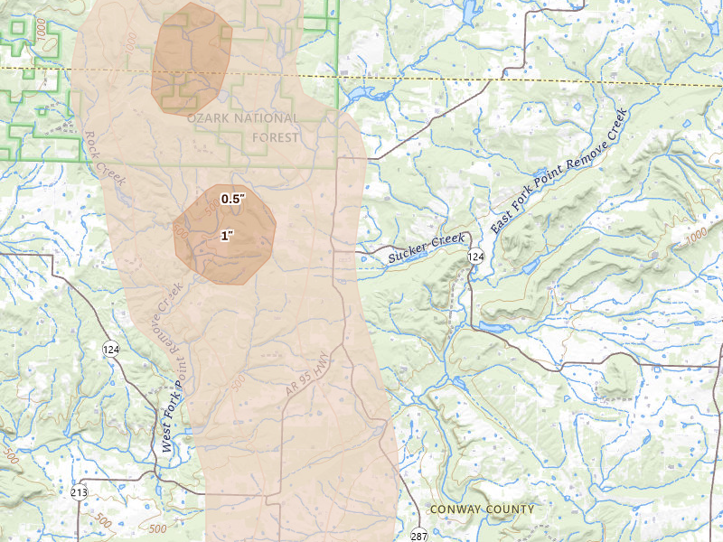 Radar-estimated hail-size map of the storm over Cleveland, AR on Jul 4, 2026