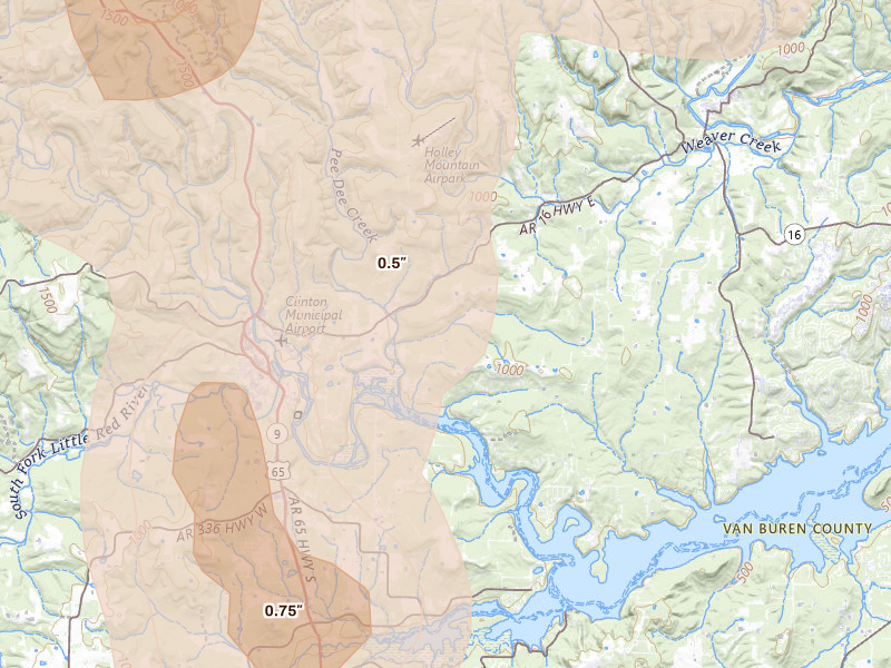Radar-estimated hail-size map of the storm over Clinton, AR on Jun 1, 2026