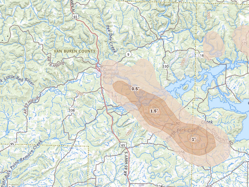 Radar-estimated hail-size map of the storm over Clinton, AR on Aug 22, 2026