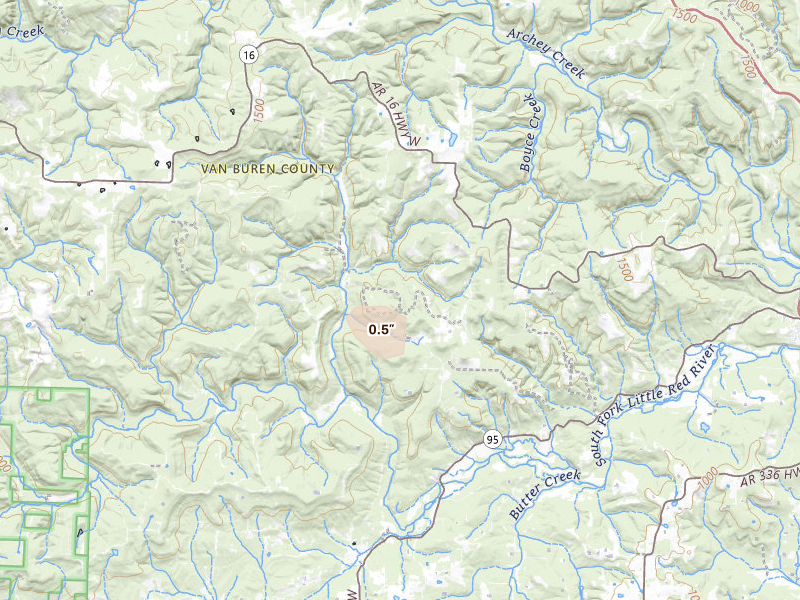 Radar-estimated hail-size map of the storm over Clinton, AR on Aug 26, 2026