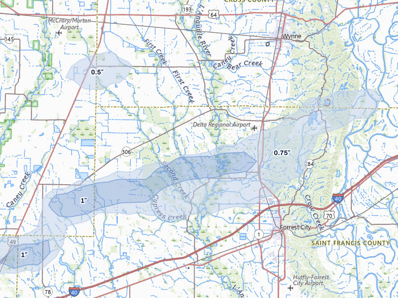 NEXRAD radar-signature map of the hail over Colt, AR