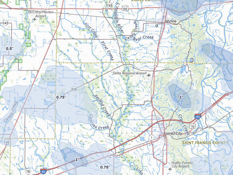 NEXRAD radar-signature map of the hail over Colt, AR