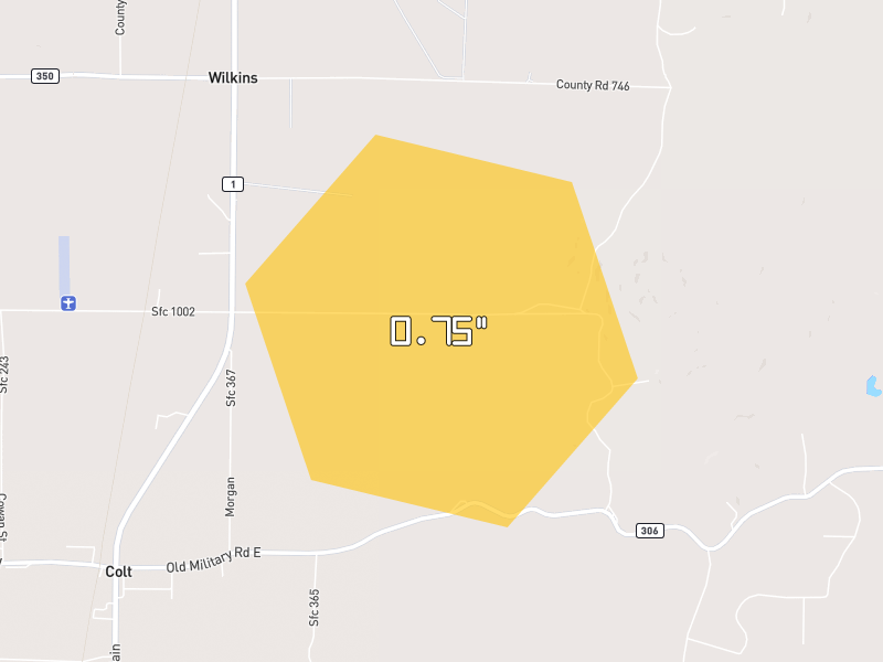 Hail map of Colt, AR on Jul 4, 2026, hail up to 0.75"