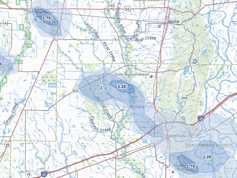 NEXRAD radar-signature map of the hail storm over Colt, AR on Jul 11, 2026