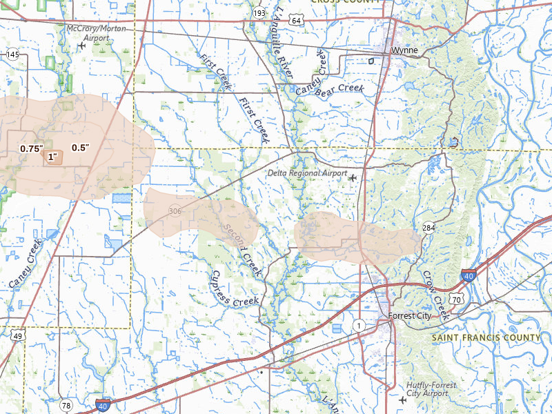 Radar-estimated hail-size map of the storm over Colt, AR on Aug 17, 2026