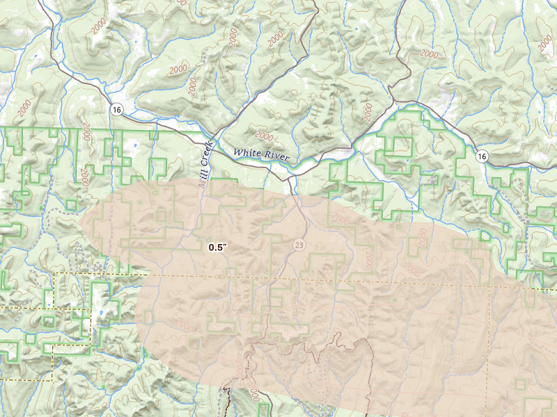 Radar-estimated hail-size map of the storm over Combs, AR on Apr 25, 2026