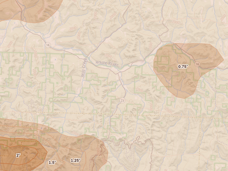 Radar-estimated hail-size map of the storm over Combs, AR on Apr 28, 2026