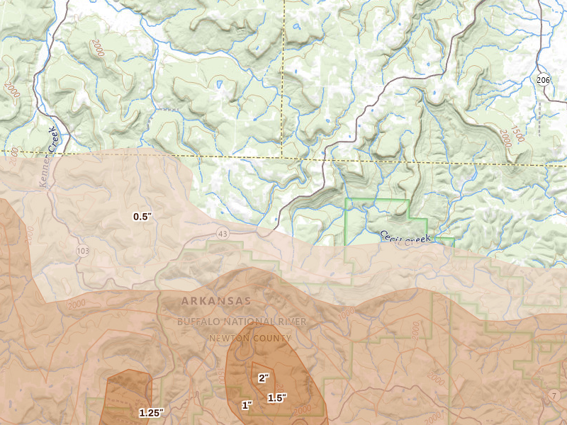 Radar-estimated hail-size map of the storm over Compton, AR on Apr 28, 2026
