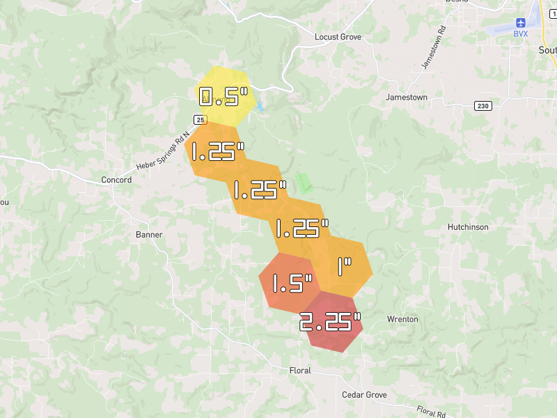 Hail map of Concord, AR on Jun 1, 2026, hail up to 2.25"