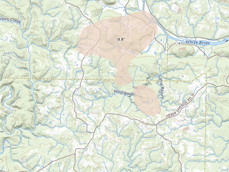 Radar-estimated hail-size map of the storm over Concord, AR on Jul 11, 2026