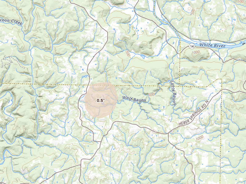 Radar-estimated hail-size map of the storm over Concord, AR on Aug 7, 2026
