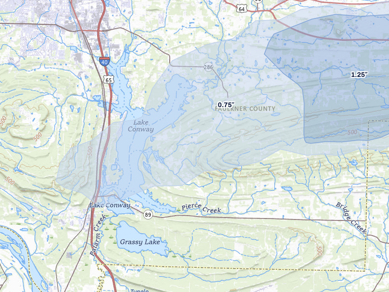 NEXRAD radar-signature map of the hail storm over Conway, AR on Apr 28, 2026