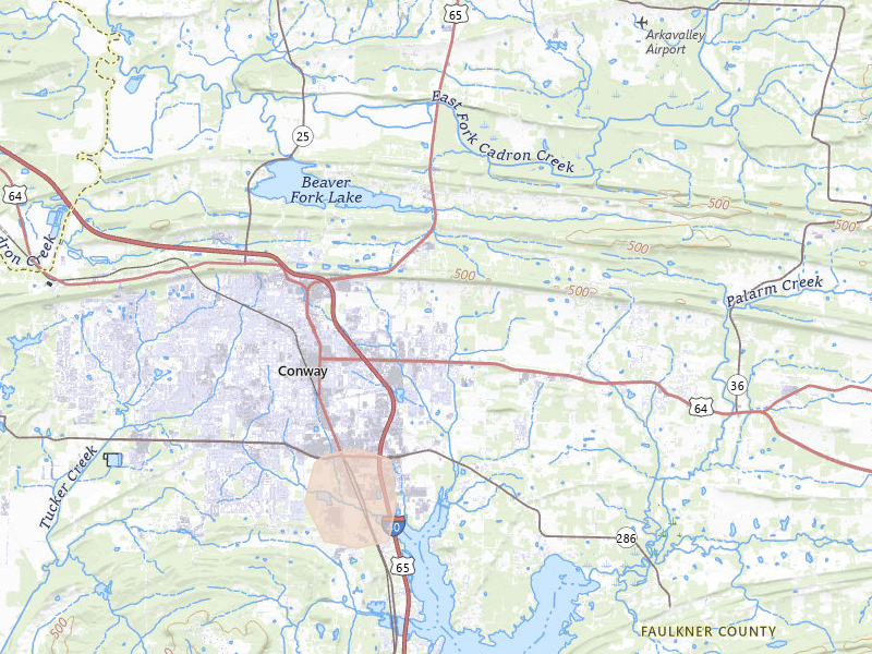 Radar-estimated hail-size map of the storm over Conway, AR on Aug 26, 2026