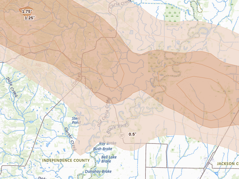 Radar-estimated hail-size map of the storm over Cord, AR