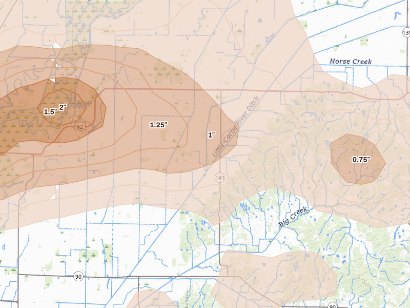 Radar-estimated hail-size map of the storm over Corning, AR on Apr 16, 2026