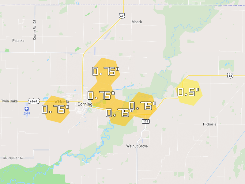 Hail map of Corning, AR on Jun 9, 2026, hail up to 0.75"