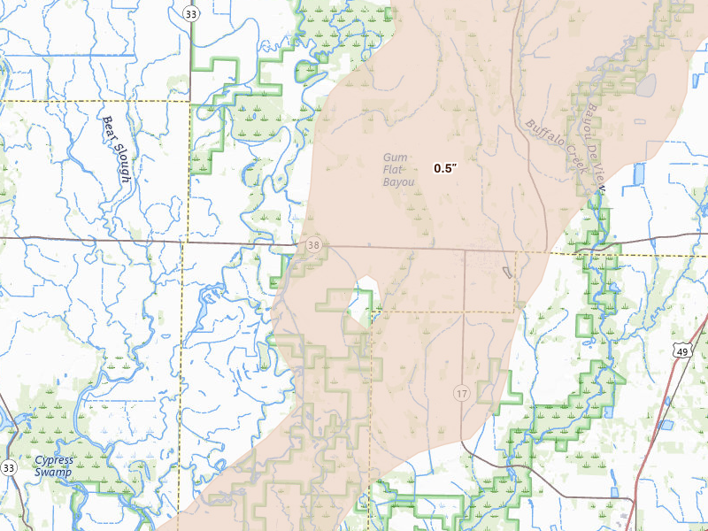 Radar-estimated hail-size map of the storm over Cotton Plant, AR on Apr 28, 2026