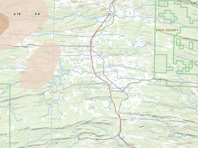 Radar-estimated hail-size map of the storm over Cove, AR on Apr 24, 2026
