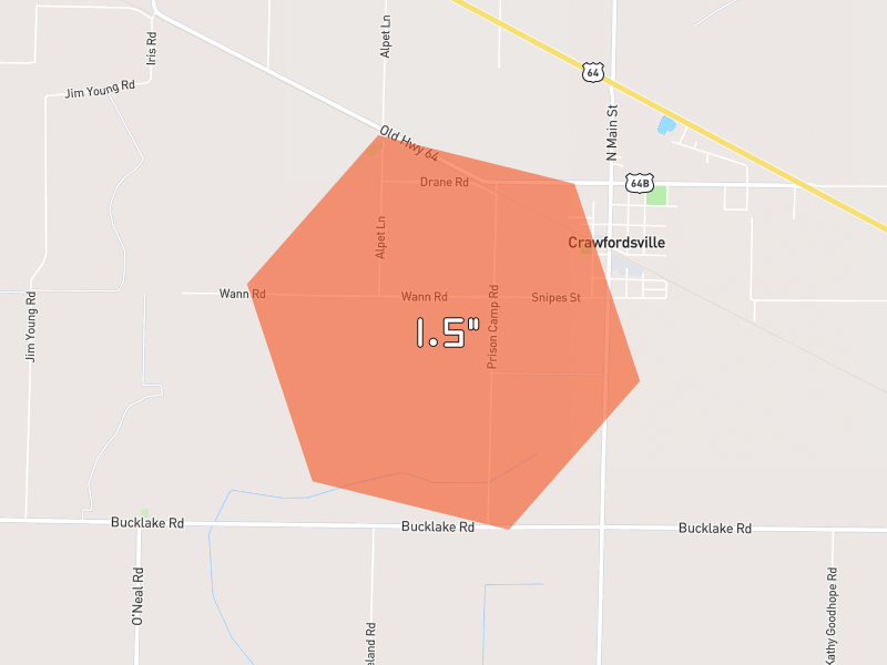 Hail map of Crawfordsville, AR on Jun 2, 2026, hail up to 1.5"