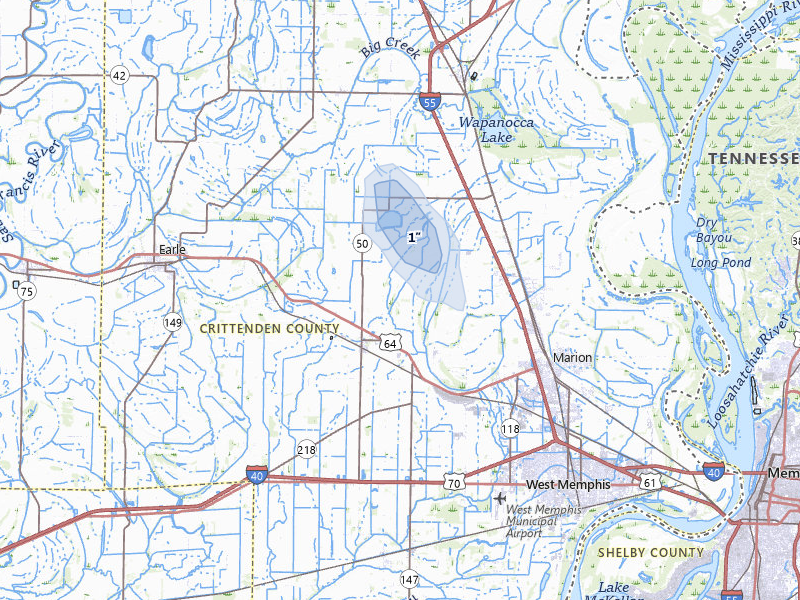 NEXRAD radar-signature map of the hail storm over Crawfordsville, AR on Jul 1, 2026