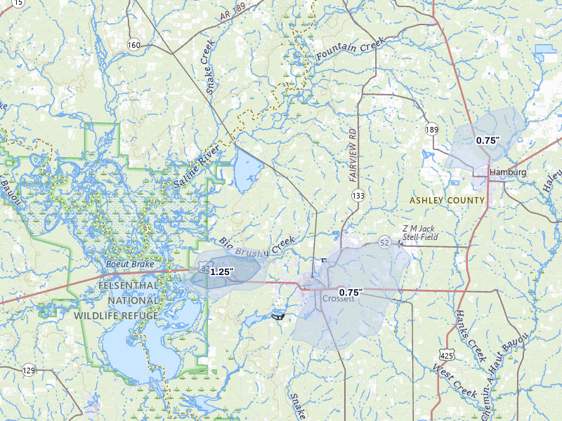NEXRAD radar-signature map of the hail storm over Crossett, AR on Mar 7, 2026