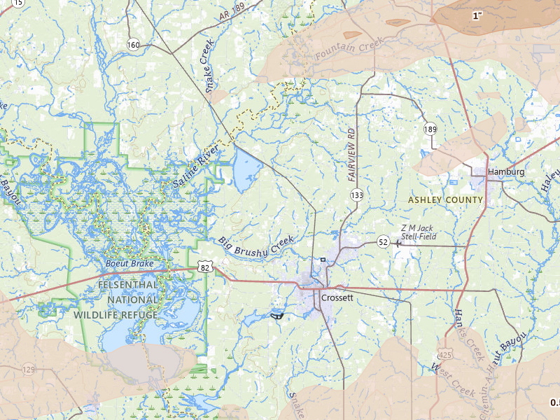 Radar-estimated hail-size map of the storm over Crossett, AR on Mar 15, 2026