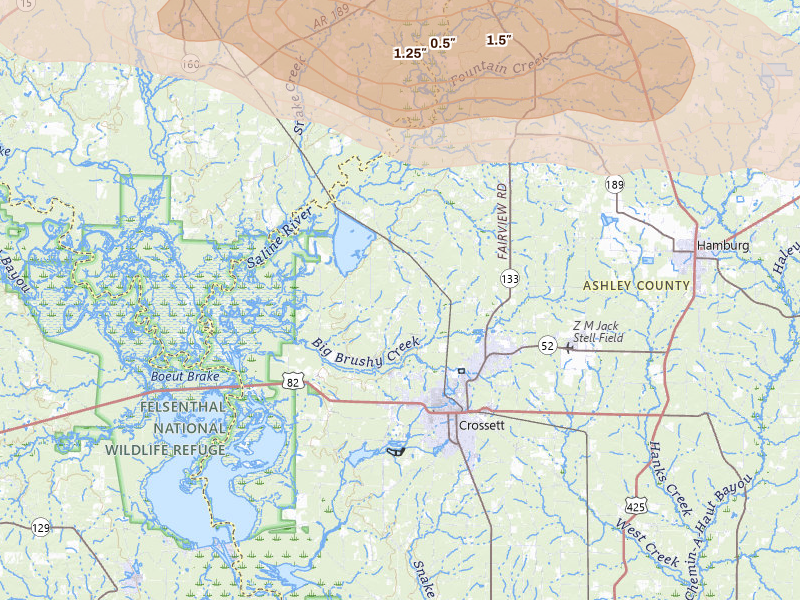 Radar-estimated hail-size map of the storm over Crossett, AR on Apr 28, 2026