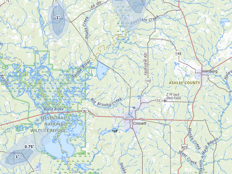 NEXRAD radar-signature map of the hail storm over Crossett, AR on Apr 28, 2026