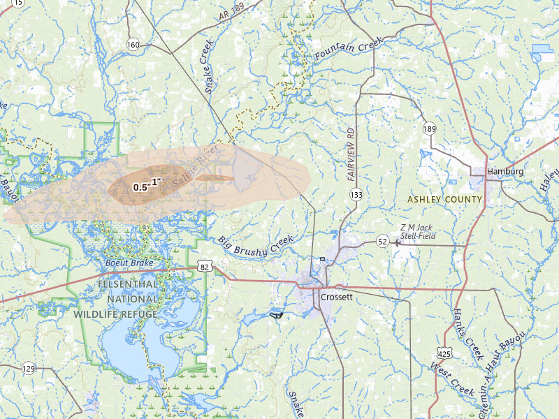 Radar-estimated hail-size map of the storm over Crossett, AR on Jun 22, 2026