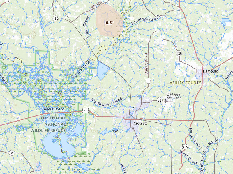 Radar-estimated hail-size map of the storm over Crossett, AR on Jun 24, 2026