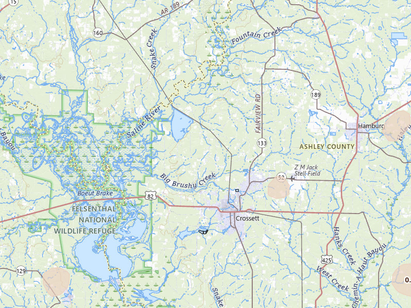 Radar-estimated hail-size map of the storm over Crossett, AR on Jul 4, 2026