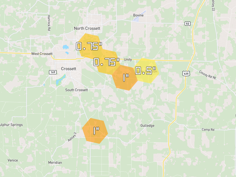 Hail map of Crossett, AR on Jul 4, 2026, hail up to 1"