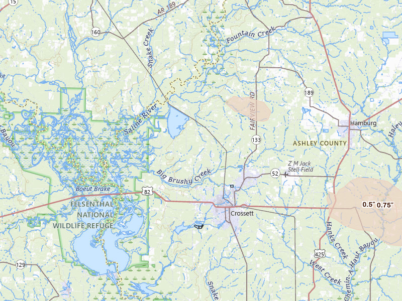 Radar-estimated hail-size map of the storm over Crossett, AR on Jul 8, 2026