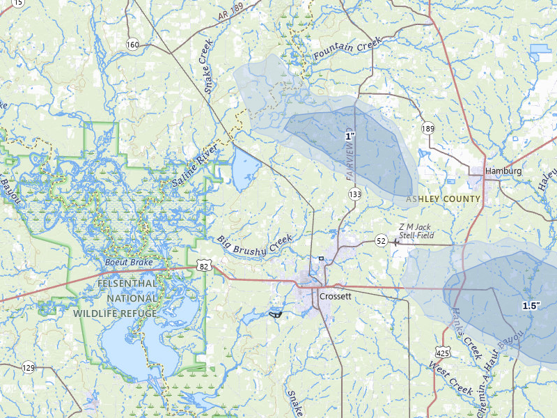 NEXRAD radar-signature map of the hail storm over Crossett, AR on Jul 8, 2026