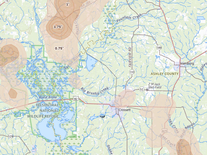 Radar-estimated hail-size map of the storm over Crossett, AR on Aug 20, 2026