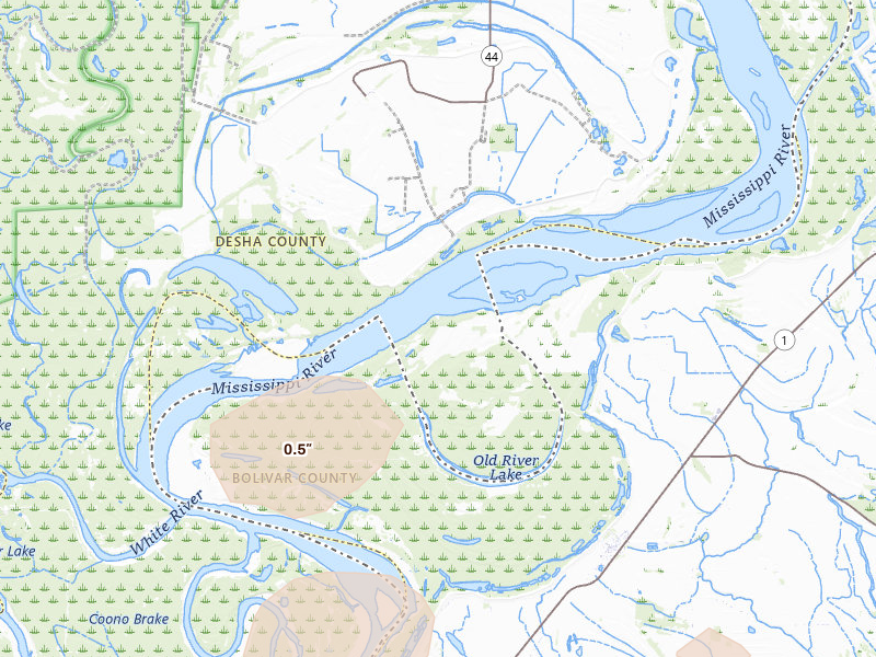 Radar-estimated hail-size map of the storm over Crumrod, AR on Aug 22, 2026