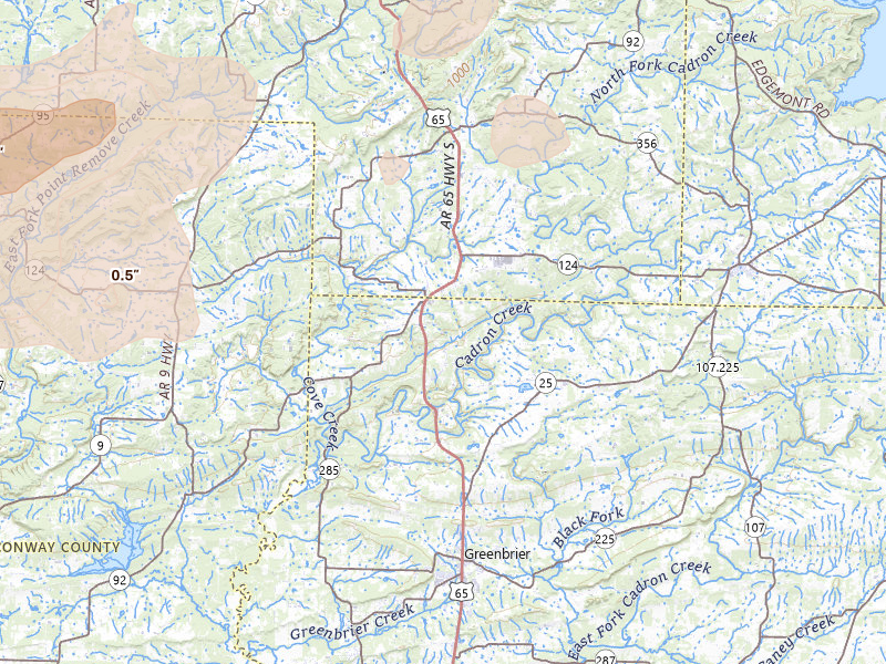 Radar-estimated hail-size map of the storm over Damascus, AR on Apr 28, 2026