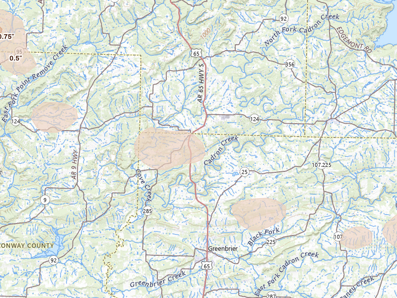 Radar-estimated hail-size map of the storm over Damascus, AR on May 10, 2026